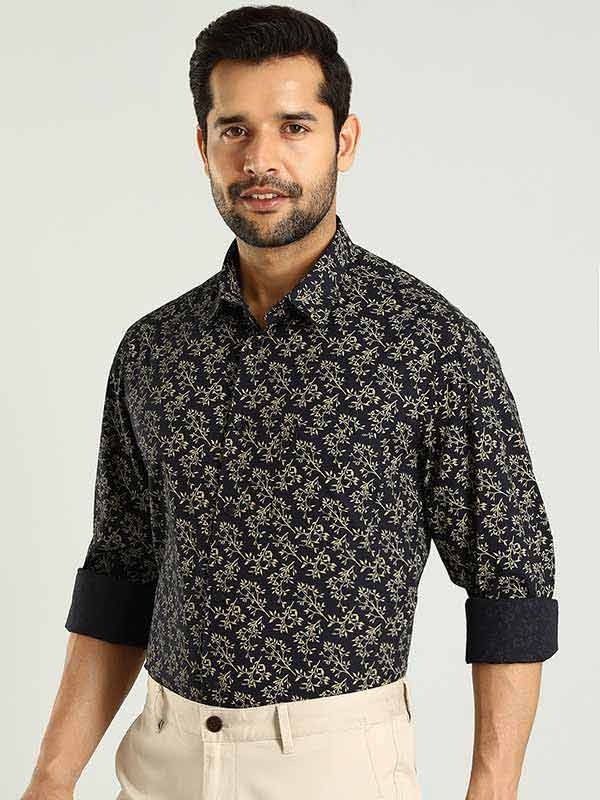 Indian Terrain Men's Regular Fit Full Sleeve Tropical Print Navy Shirt